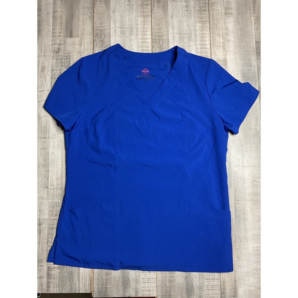 Natural Uniforms Scrub Top Womens Large Royal Blue V-Neck Stretch Medical